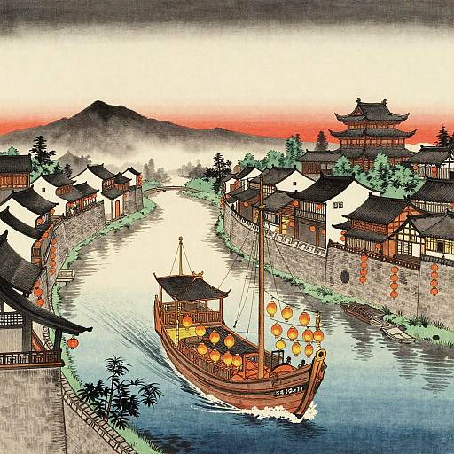 Ukiyo-e Lantern Junk Sailing Sunset