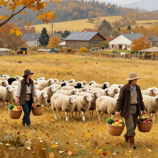 Shepherds Herding Sheep in Autumn