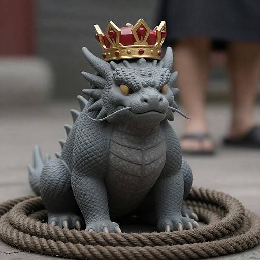 Crowned Gray Dragon Amid Coiled Ropes