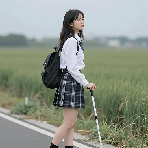 Asian woman with white cane standing by roadside