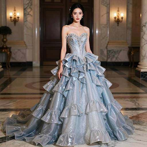 Elegant Woman in Silvery-Blue Ruffled Ball Gown