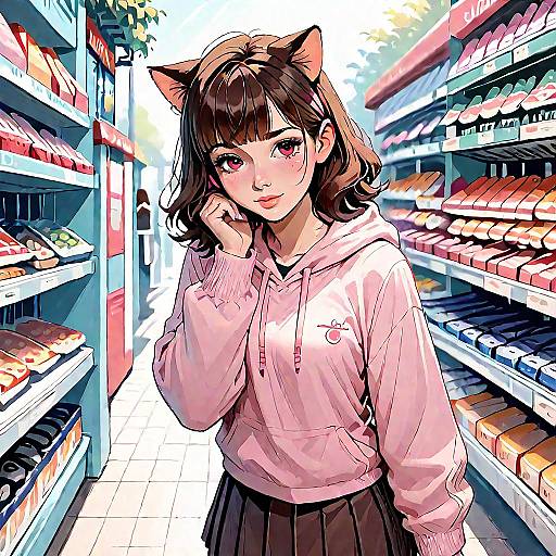Digital anime-style drawing of a cute girl with cat ears, brown hair, pink hoodie, and black skirt, standing in a brightly lit bakery aisle with