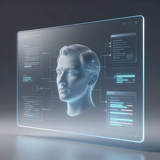 CGI image of a glowing blue, high-tech interface displaying a 3D wireframe head of a man with digital text overlays.