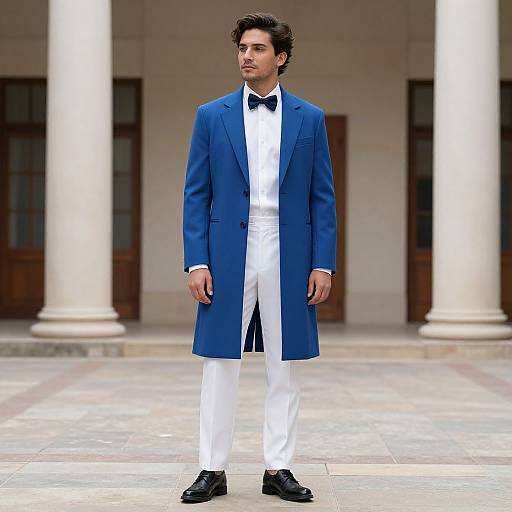 Photograph of a young man with dark hair, wearing a blue long coat, white tuxedo, black bow tie, and black shoes, standing