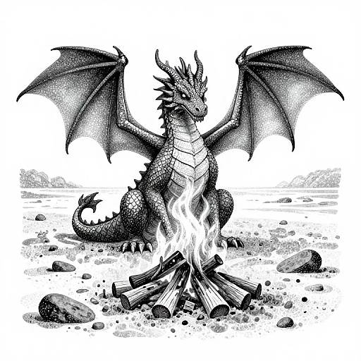 Black-and-white digital drawing of a detailed, fierce dragon with large wings standing over a roaring campfire on a rocky landscape.