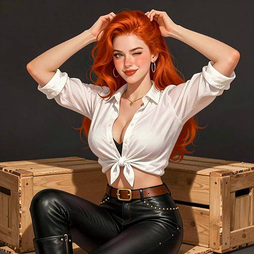 Red-haired woman in white tied shirt and black leather pants