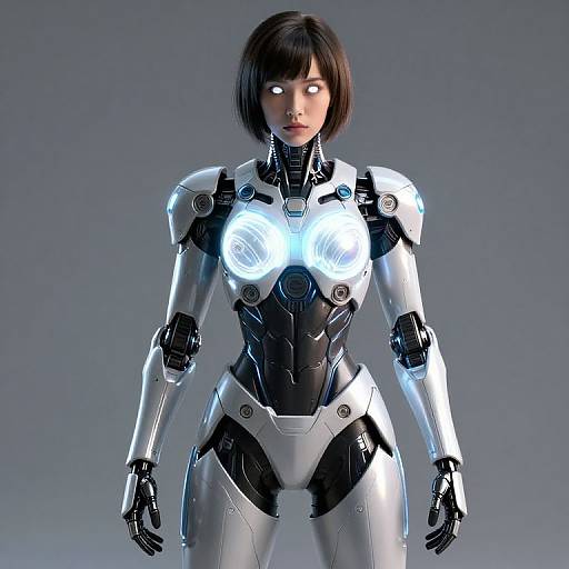 CGI image of a short-haired, glowing-eyed, cybernetic woman in a black and white futuristic armor with radiant chest lights, standing against a