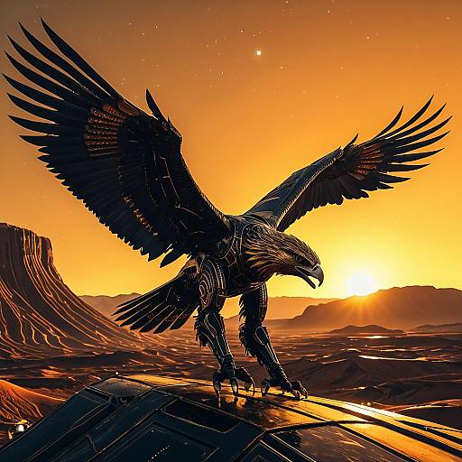 Cybernetic Eagle at Sunset in Desert