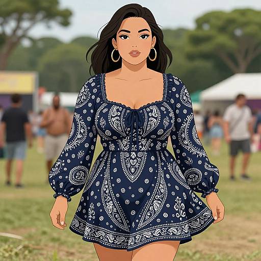 Digital drawing of a curvy woman with tan skin, black hair, wearing a blue, patterned boho dress, hoop earrings, and standing in