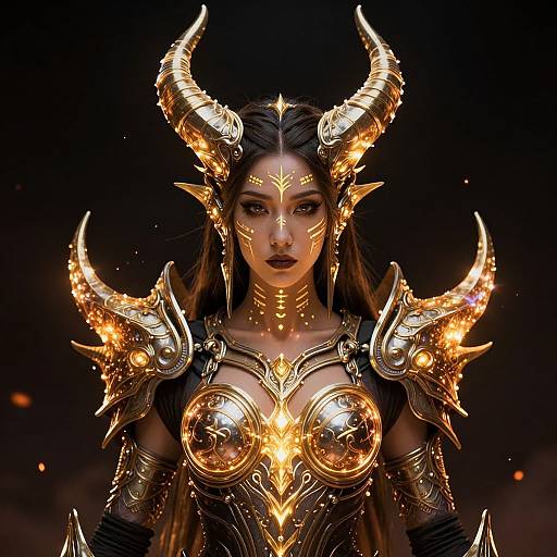 Digital art of a fierce, dark-haired female demon with glowing golden horns, intricate armor, and radiant chest plates against a black background.