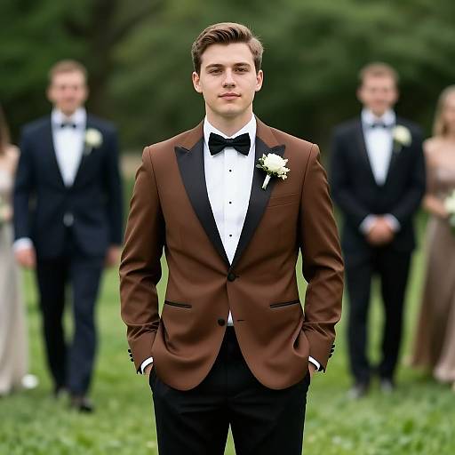 Confident Young Groom in Brown Tuxedo