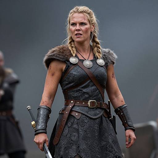 Photograph of a blonde, braided warrior woman in medieval armor with fur shoulder guards, silver medallions, and a brown belt, holding a