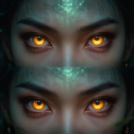Close-up digital photograph of a person's intense, glowing orange eyes with dark, symmetrical eyebrows, and a blue-green textured forehead.