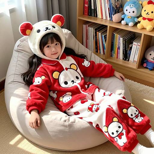 Photograph of an Asian girl with long black hair, wearing a red and white bear-themed pajama suit, lounging in a white bean bag chair
