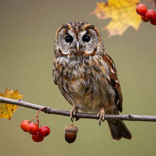 Short-eared Owl on Branch with Autumn Berries and Acorn