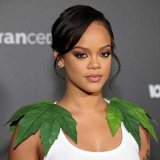 Photograph of a young Black woman with smooth brown skin, black hair in an elegant updo, wearing a white dress with green leaf shoulder accents,
