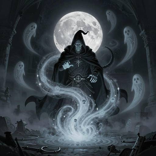 Moonlit Necromancer Conjuring Swirling Energy Vortex