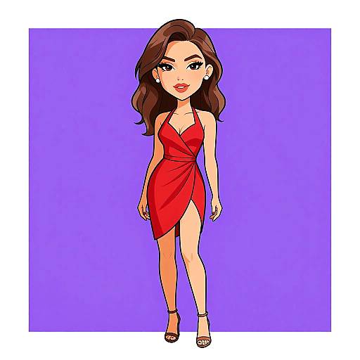 Digital illustration of a beautiful woman with long brown hair, wearing a red, wrap-style dress with a high slit, and black heels, standing against a