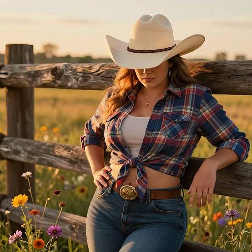Photograph of a woman in a white cowboy hat, plaid shirt, and jeans, leaning against a wooden fence in a sunlit meadow with