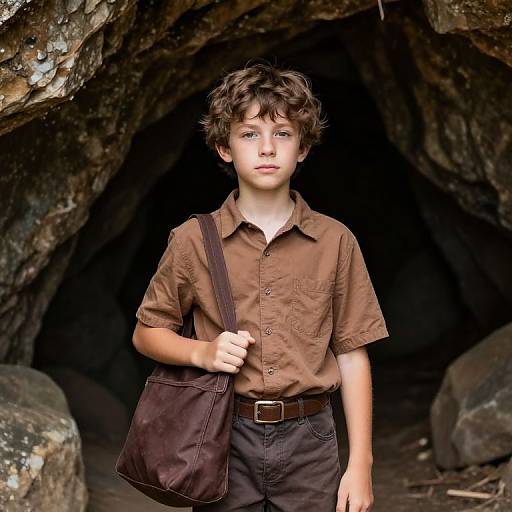 Photograph of a young boy with curly brown hair, wearing a brown shirt and dark pants, standing in a rocky cave. He carries a brown s
