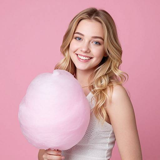 Young blonde woman with blue eyes, smiling, holding pink cotton candy against a solid pink background, wearing a white sleeveless top. Photograph.
