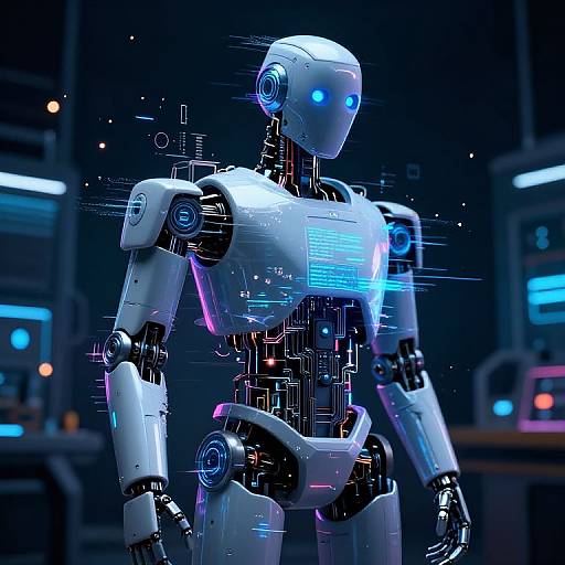 Photorealistic CGI of a sleek, white humanoid robot with blue glowing eyes and circuitry, standing in a dark, high-tech laboratory.