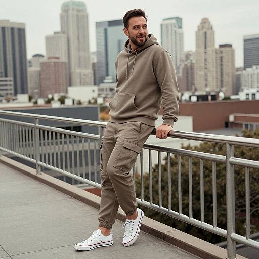 Photograph of a bearded man in a beige hoodie and cargo pants, leaning on a railing with a city skyline background. Wearing white sneakers,