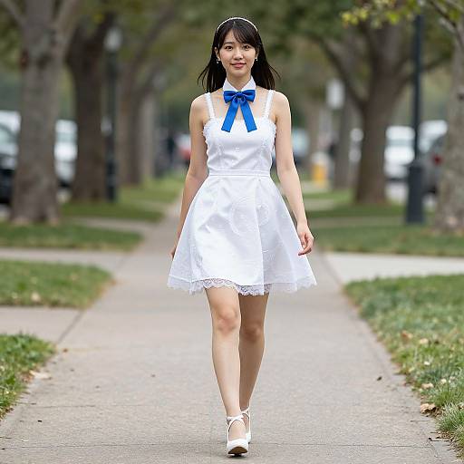 Photograph of an Asian woman with long black hair, wearing a white sleeveless dress with a blue bow, white lace trim, and white shoes,