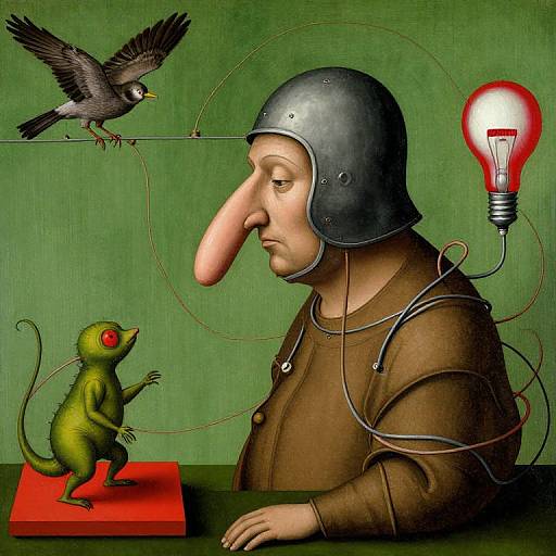 Digital artwork: Medieval woman in helmet, brown tunic, with green mouse on red square, bird on wire, and glowing light bulb. Green background