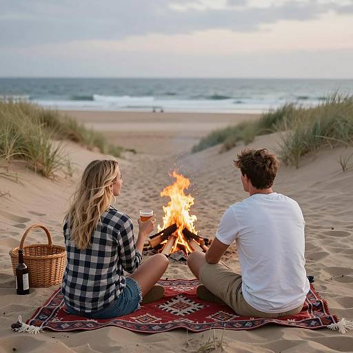 Couple enjoying campfire on sandy beach dunes