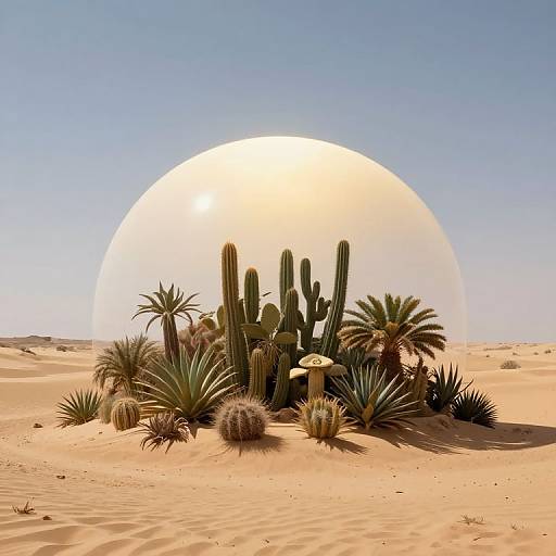 Photograph of a desert landscape with tall cacti, spiky succulents, and palm trees under a large, glowing, semi-transparent sun