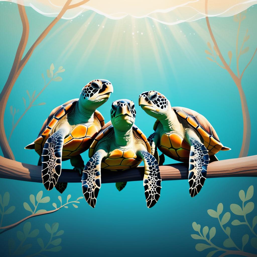 Whimsical Sea Turtles in Cozy Embrace