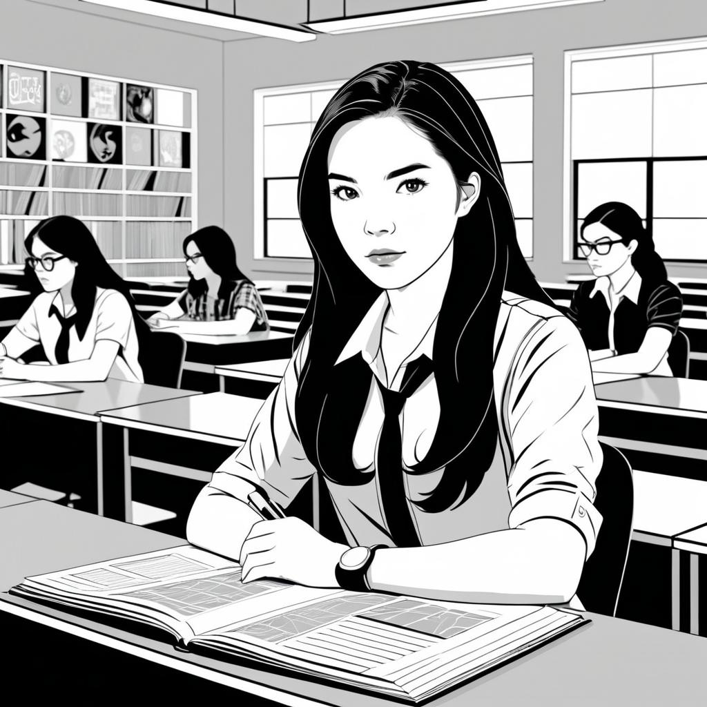 Teenage Girl in Monochrome Classroom Scene