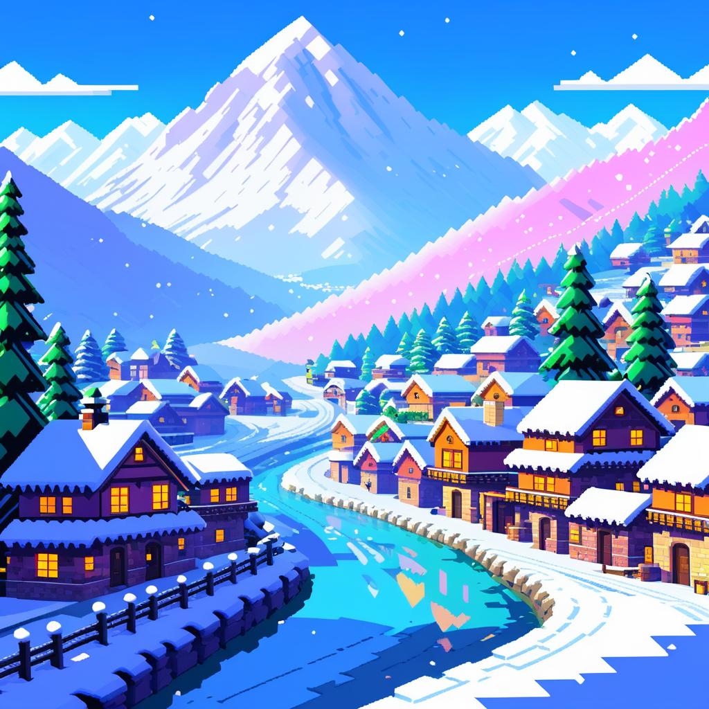 Vibrant Pixel Art Winter Mountain Village