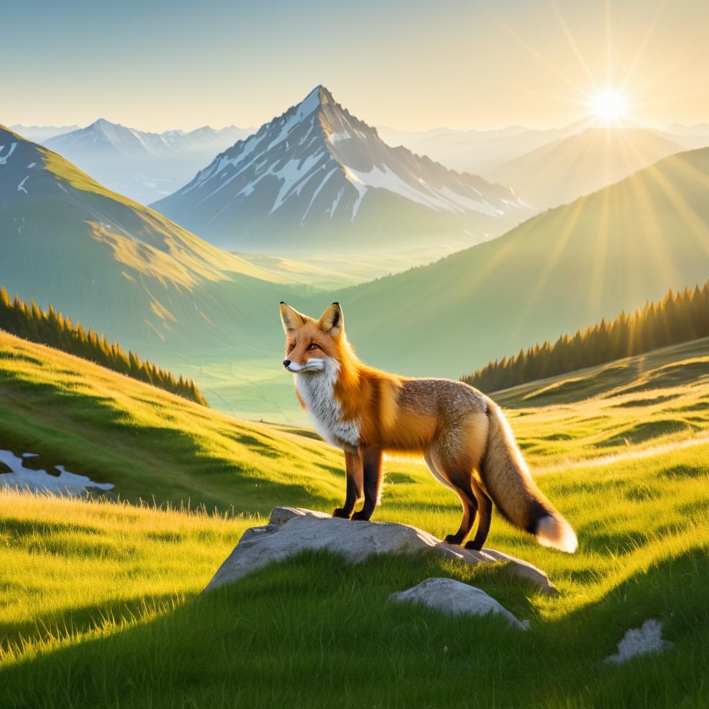 Sunlit Fox Overlooking Majestic Mountains