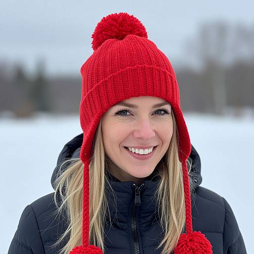 Photograph of a smiling blonde woman with fair skin, wearing a red knit beanie with pom-pom, black puffer jacket, against a snowy