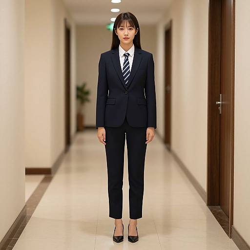 Photograph of an Asian woman in a black suit, white shirt, and striped tie, standing in a bright, empty hallway.