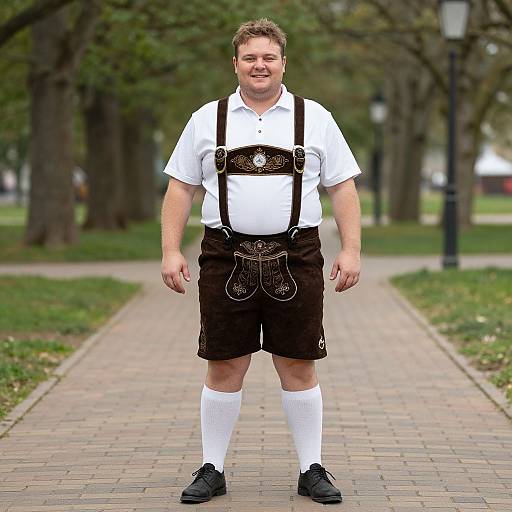Photograph of a smiling, chubby man in traditional Bavarian outfit: white shirt, black shorts with suspenders, white knee socks, black shoes,