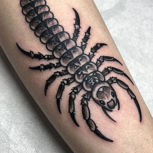 Black tattoo of a detailed scorpion on light skin, with intricate shading and texture on a forearm. Photo.