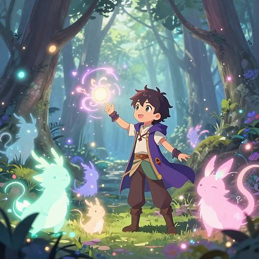 Anime-style digital drawing of a young boy with messy black hair, blue coat, and green pants, casting a glowing magical spell in a lush, enchanted