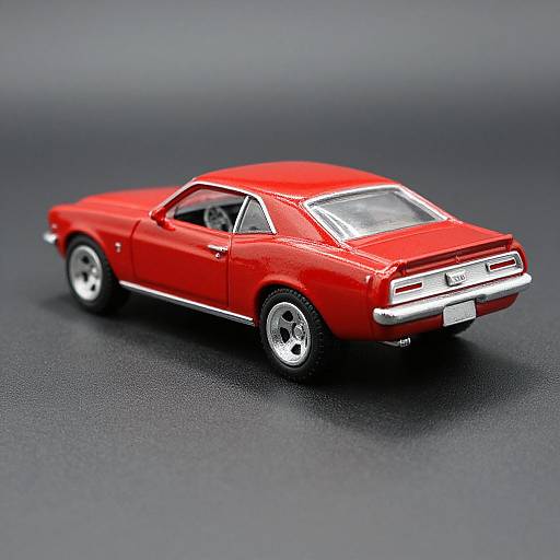 Photograph of a small, detailed, red vintage muscle car model with shiny chrome accents and silver wheels, viewed from the back on a dark gray textured