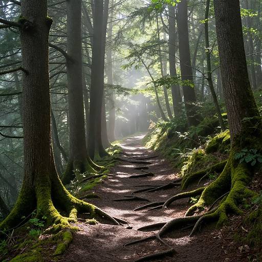 Mossy Roots in Misty Forest