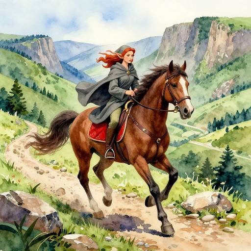Digital painting of a red-haired woman in a grey cloak riding a brown horse through a lush, mountainous landscape.