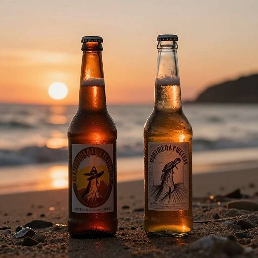 Photograph of two amber beer bottles with sunset on beach background, one labeled 