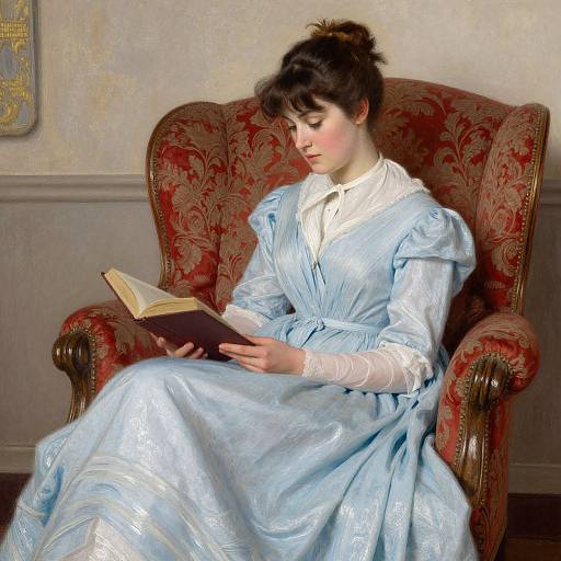 Victorian-era woman with brown hair in an updo, wearing a light blue, satin dress, reads a book in an ornate red armchair