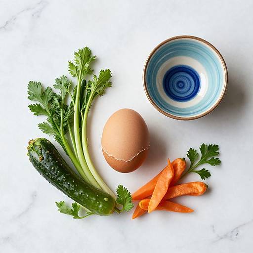 Photograph of fresh vegetables, brown egg, and blue-white ceramic bowl on white surface: cucumber, celery, parsley, carrots, and egg.