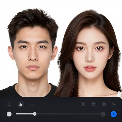 Digital portrait of an East Asian couple with fair skin, short black hair for him, long dark hair for her, wearing black tops, against a white