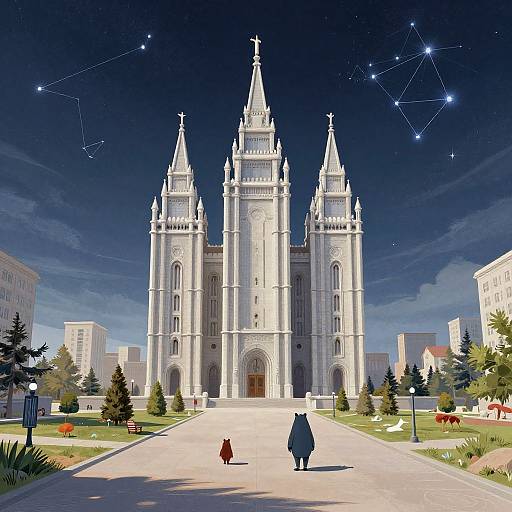 Digital artwork of a grand, white Gothic cathedral with three spires under a starry night sky, flanked by city buildings. Two small figures walk