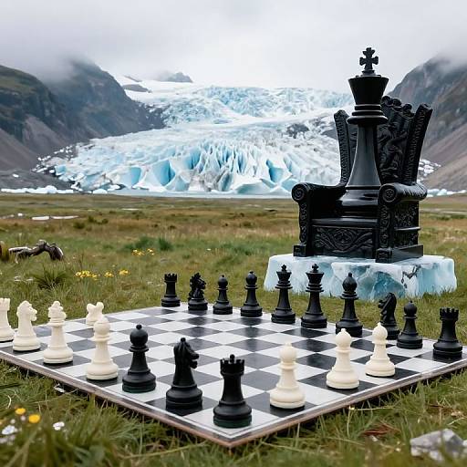 Photograph of a black-and-white chess set with a large black king piece on an ice pedestal, set in a grassy field with a glacier and