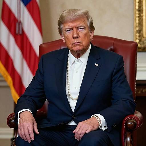 Photograph of an older white man with blond hair, in a black suit, white shirt, and pearl necklace, sitting in a red leather chair with